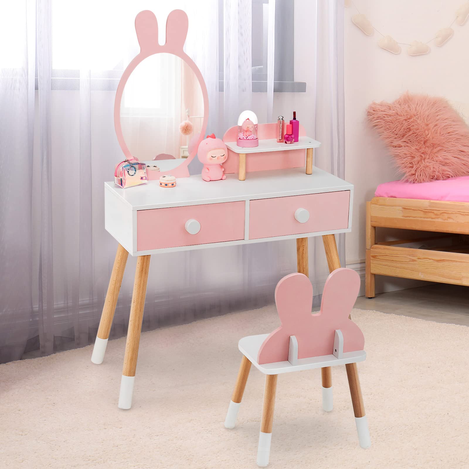 HONEY JOY Kids Vanity Table and Stool Set Makeup Dressing Desk w/Storage Shelf