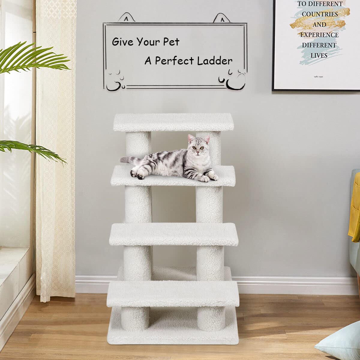 4-Step Pet Stairs for Cats and Dogs, Carpeted Cat Scratching Post Pet Ramp