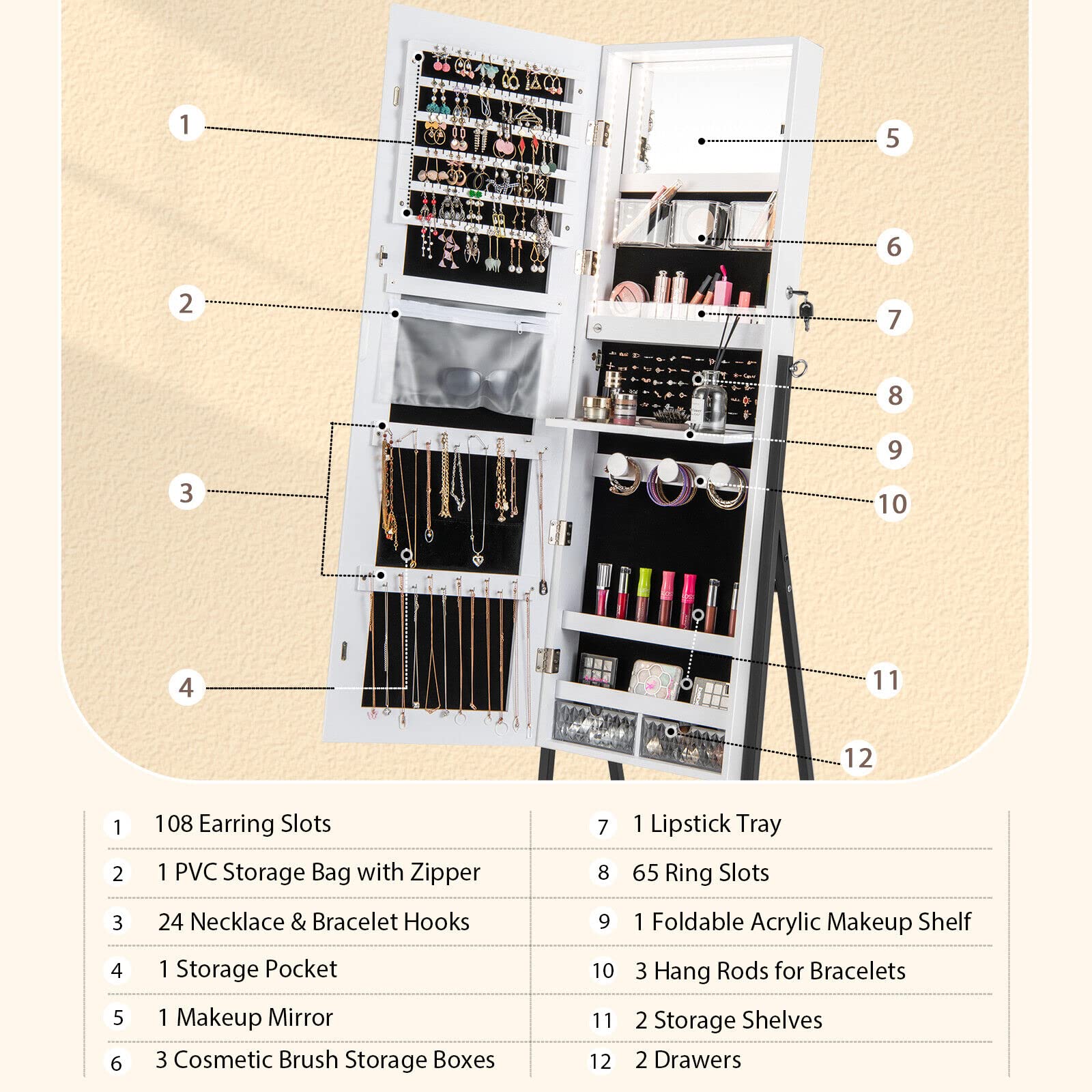Giantex Freestanding Jewelry Cabinet, Lockable Floor Jewelry Armoire Organizer w/ Full-Length Mirror