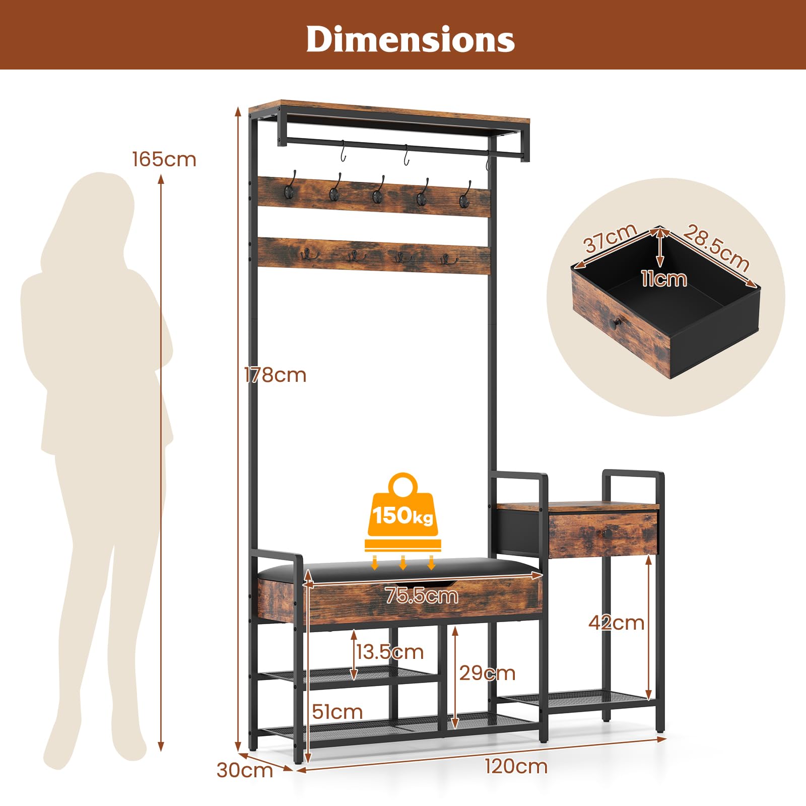 Giantex Hall Tree with Shoe Storage Bench, 178 cm Freestanding Coat Rack