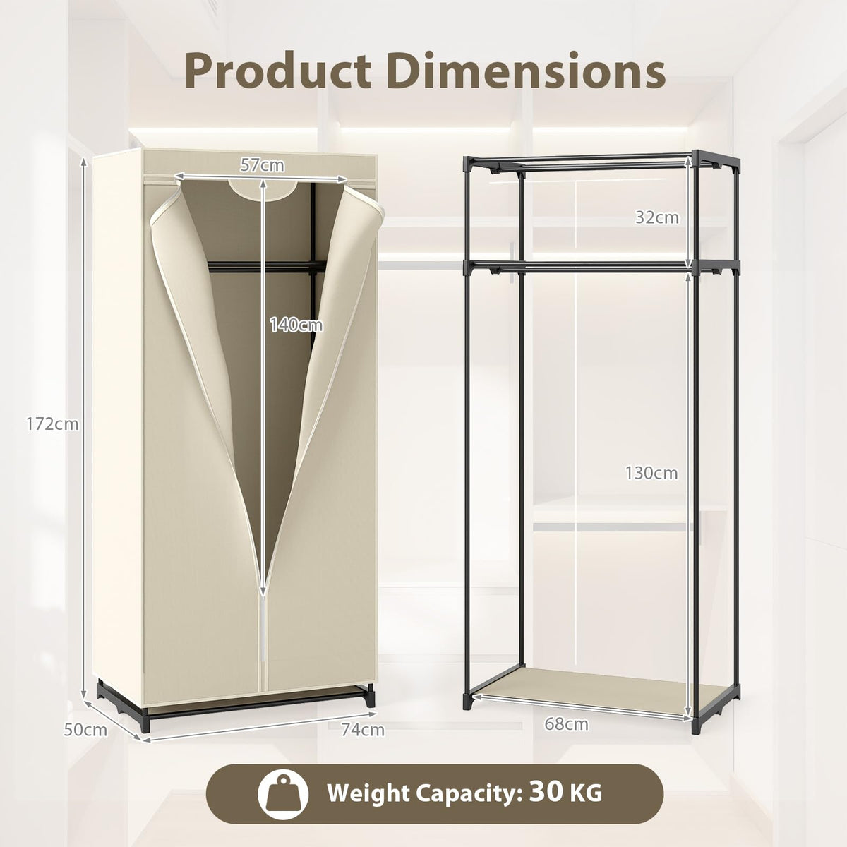 Fabric Wardrobe Portable Single Clothes Closet w/Hanging Rail