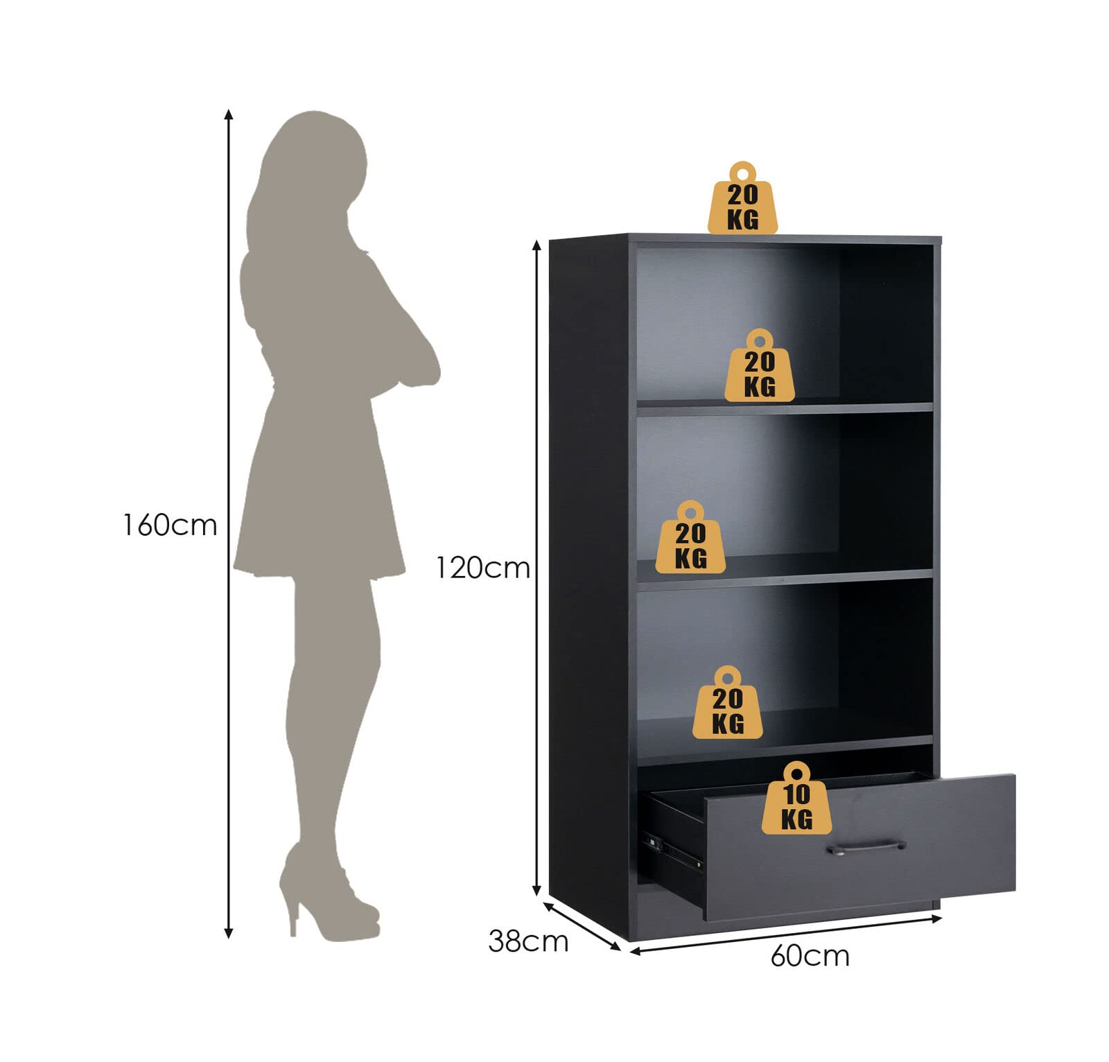 Giantex 4-Tier Storage Shelf, Wood Bookcase w/ Storage Drawer and Anti-toppling Device, Floor Standing Bookshelf
