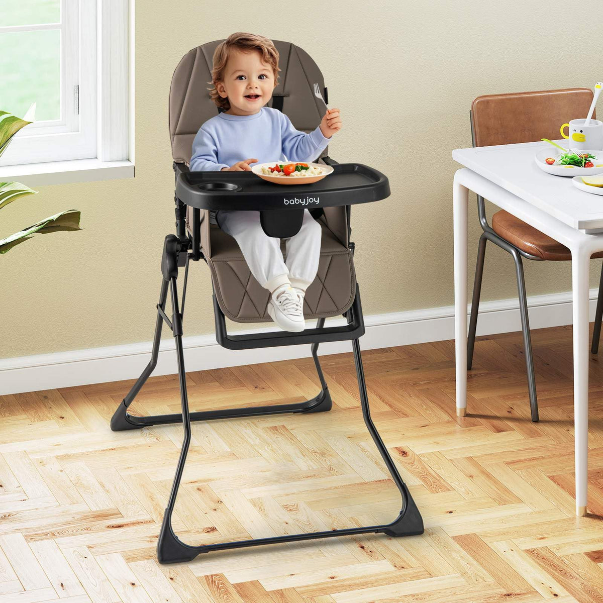 Foldable High Chair, Easy Clean Compact Highchair with Removable Adjustable Tray and PU Seat Cushion