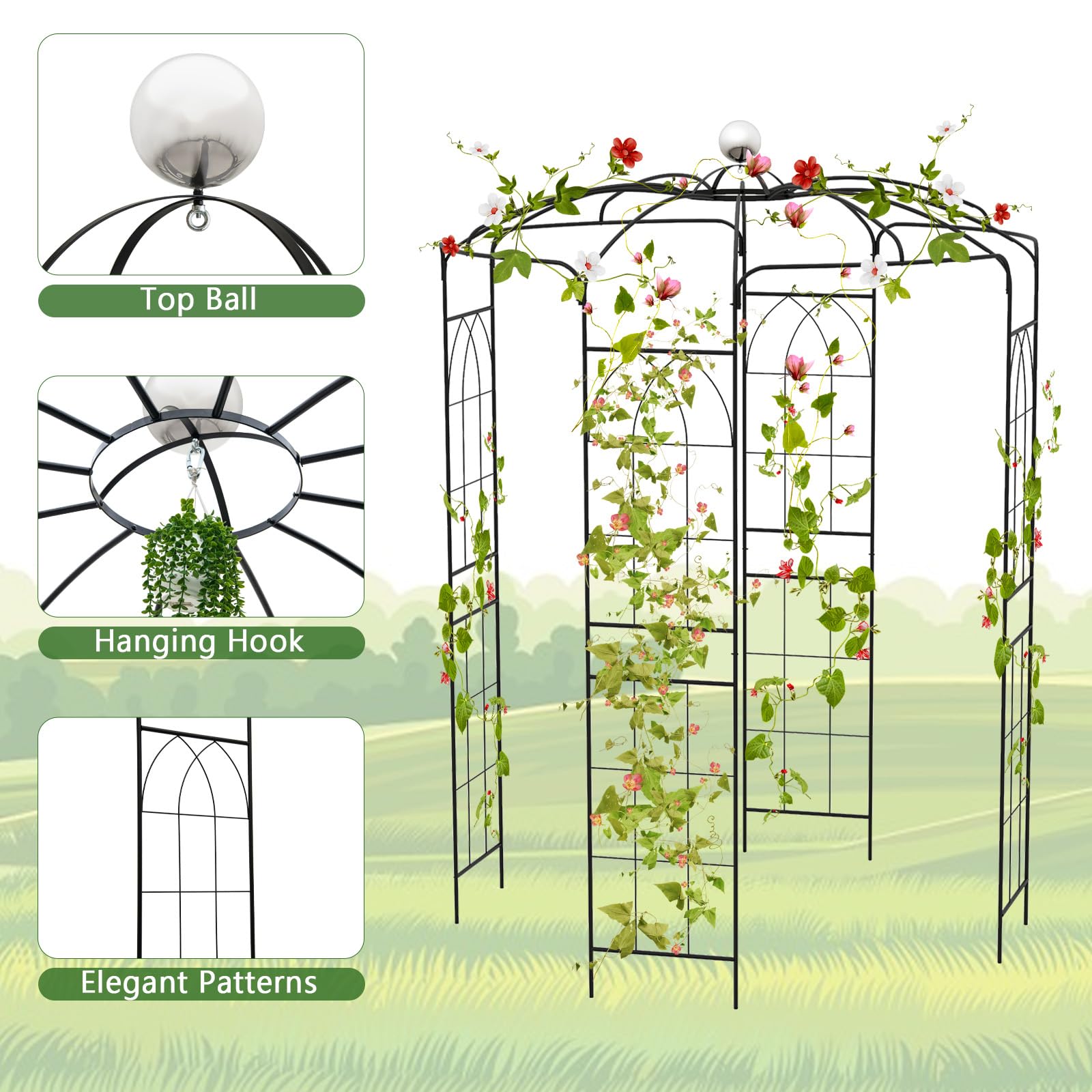 Birdcage Shape Arch,286 cm High x 206cm Wide, Heavy-Duty Wrought Metal Arbor for Climbing Plants