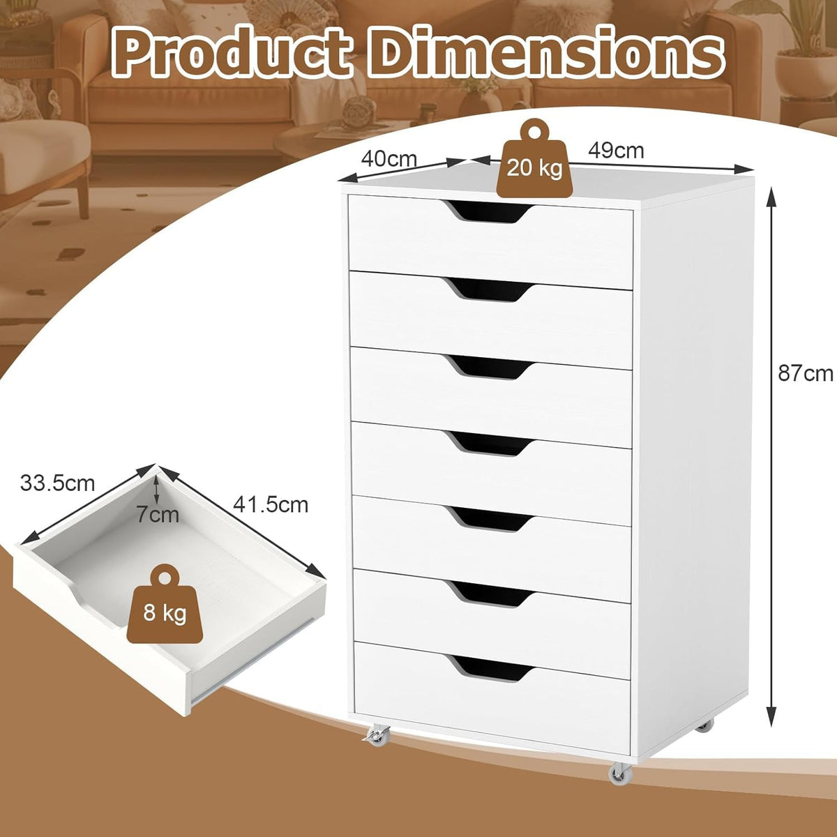 7-Drawer Storage Cabinet, Mobile File Organizer with 4 Universal Casters, Wooden Vertical Filing Dresser Chest on Lockable Wheels for Office, Study, Living Room, Bedroom