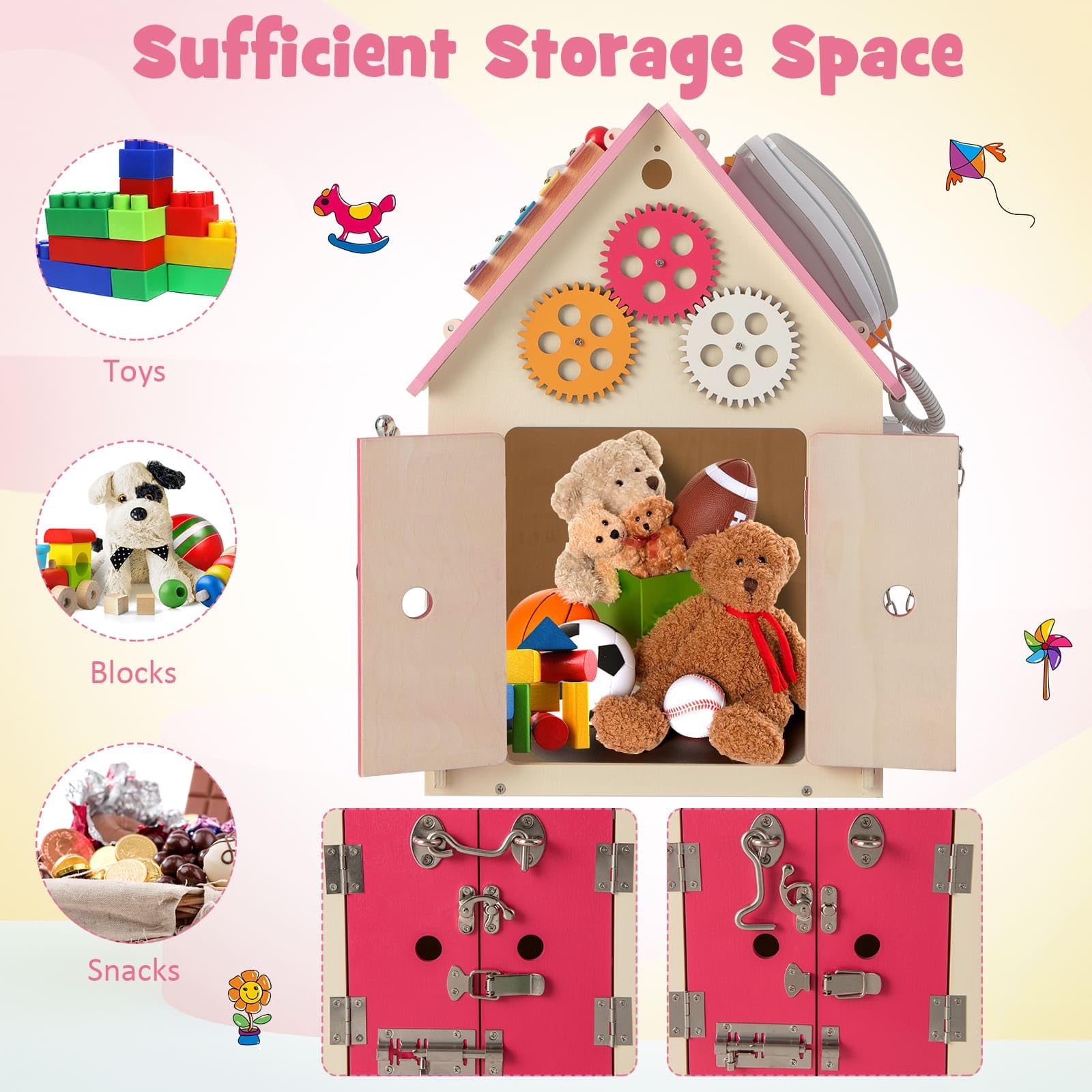 Kids Wooden Busy House Toy, Montessori Play House w/Sensory Games & Interior Storage Space