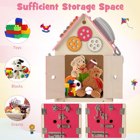 Kids Wooden Busy House Toy, Montessori Play House w/Sensory Games & Interior Storage Space