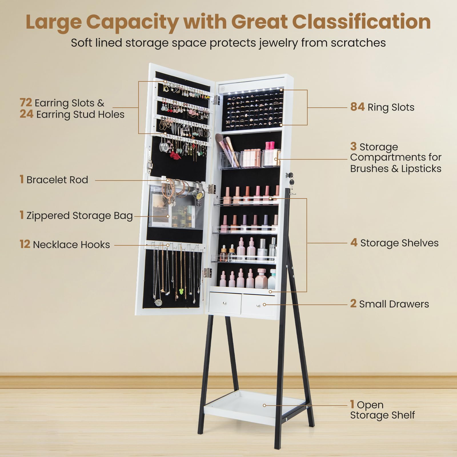 Giantex LED Standing Jewelry Mirror Cabinet, 160cm Lockable Jewelry Armoire Organizer with 3-Color Lighted Full-Length Mirror