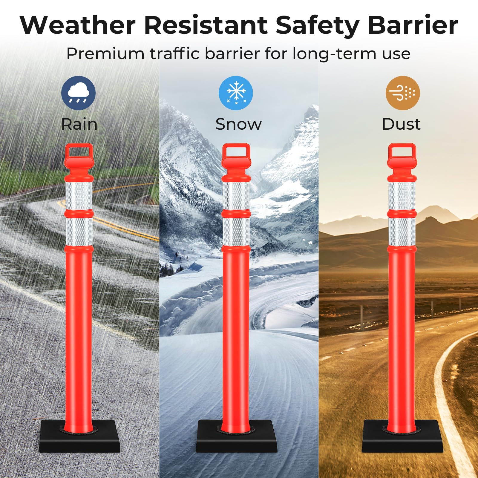 3 Pack Traffic Delineator Post, 114.5 cm Safety Traffic Barrier with Rubber Base
