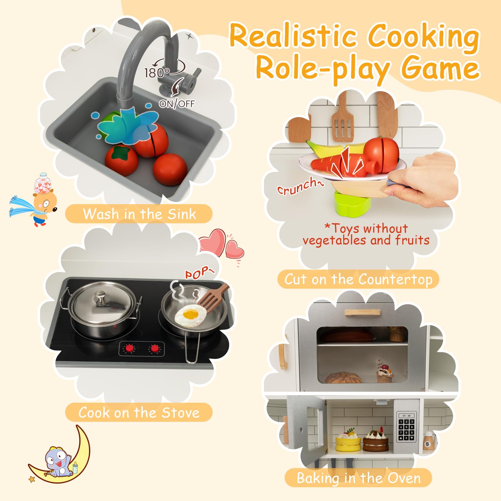 Corner Play Kitchen, Toddler Kitchen Playset with Range Hood, Ice Maker, Microwave, Oven, Sink, Washing Machine