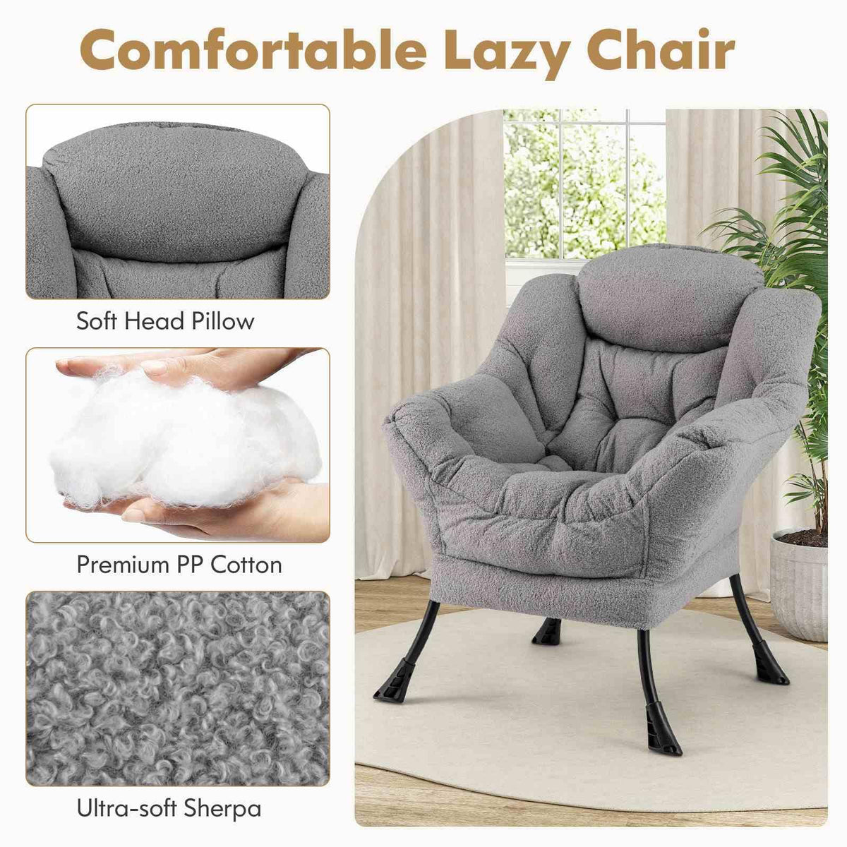 Lazy Chair with Ottoman, Modern Accent Chair with Folding Footrest, Head Pillow, Armrests, Storage Pocket