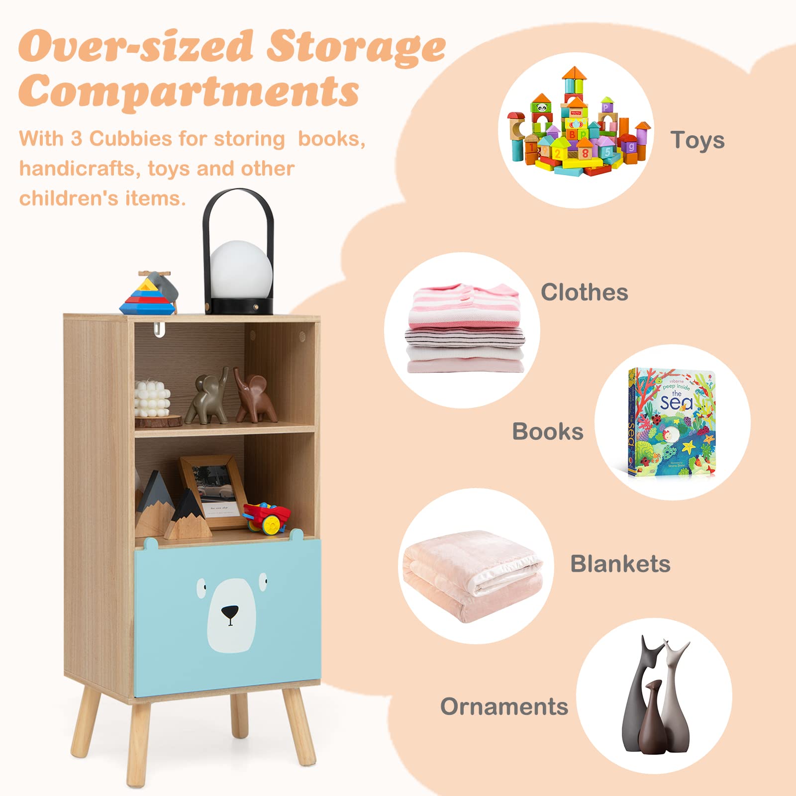 HONEY JOY 3-Tier Kids Wooden Bookshelf, Storage Shelf for Toddlers