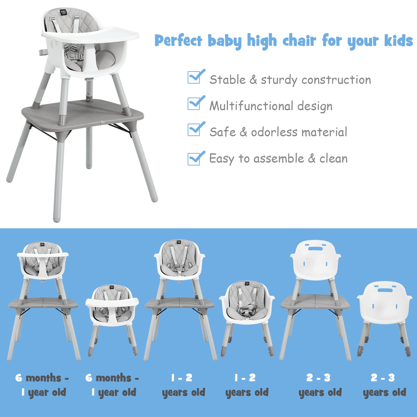 5 in 1 Convertible Baby High Chair, Infant Dining Chair Booster Seat w/Removable Tray