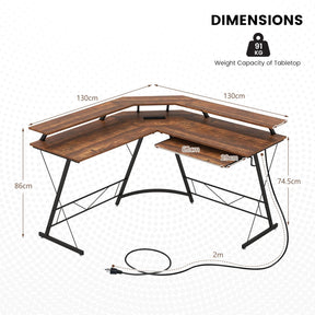 L-Shaped Computer Desk with Power Outlet, 130 cm Corner Computer Workstation with Monitor Stand