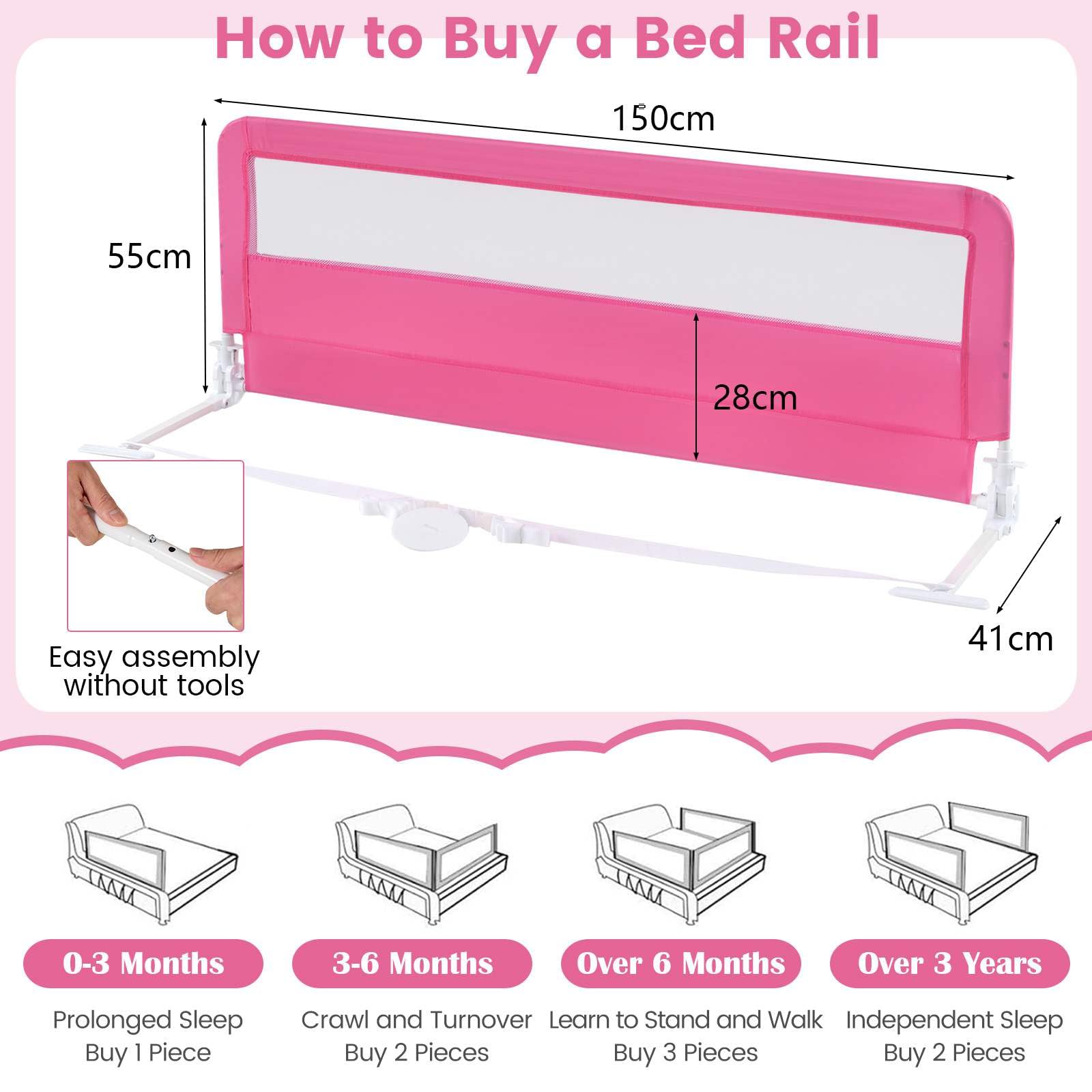 Bed Rails/Bedrail for Toddlers, Height Adjustable Folding Baby Safety Cot Guard, 150 x 55 cm