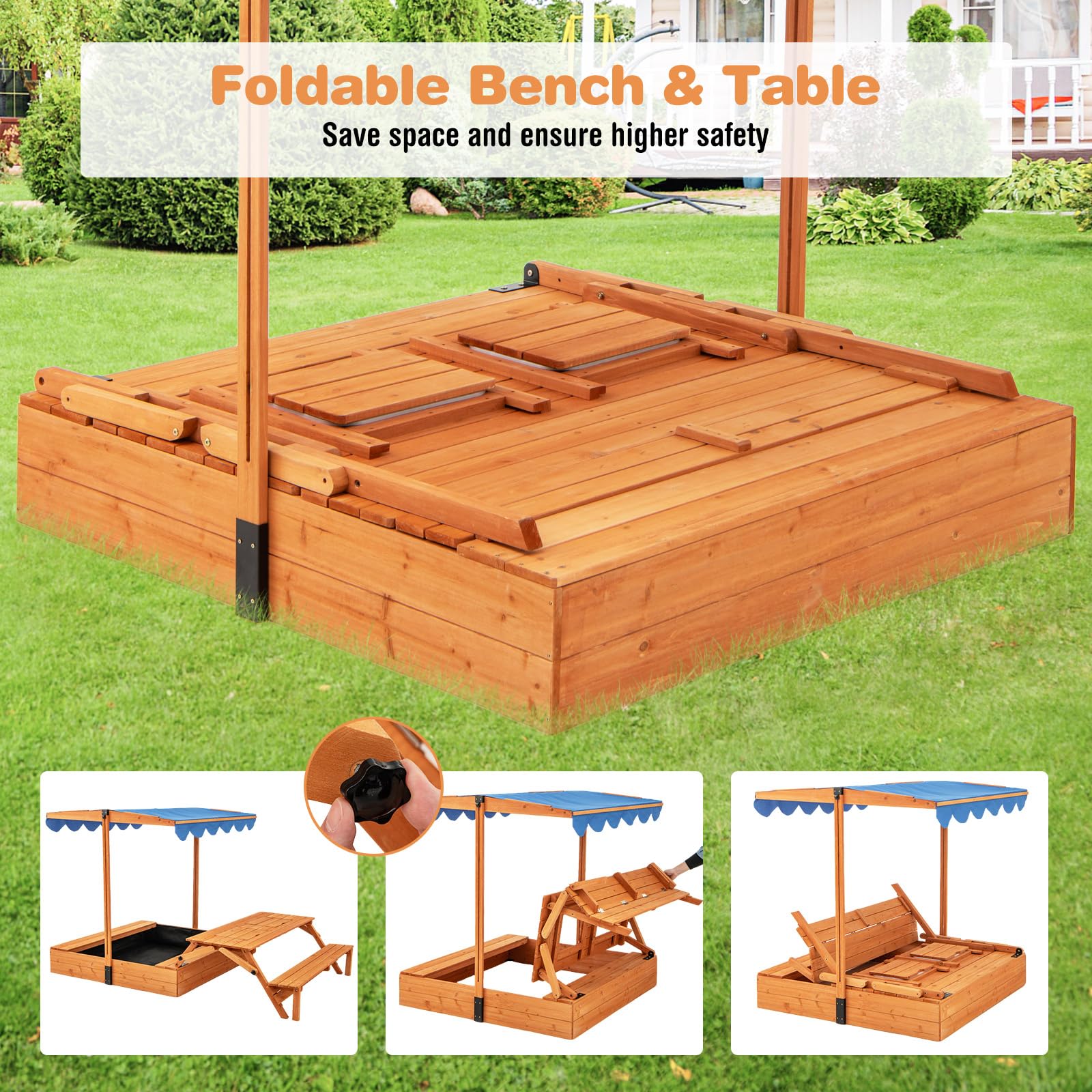 HONEY JOY Kids Wooden Sand Box w/Lid Cover, Outdoor Sand Pit for Children