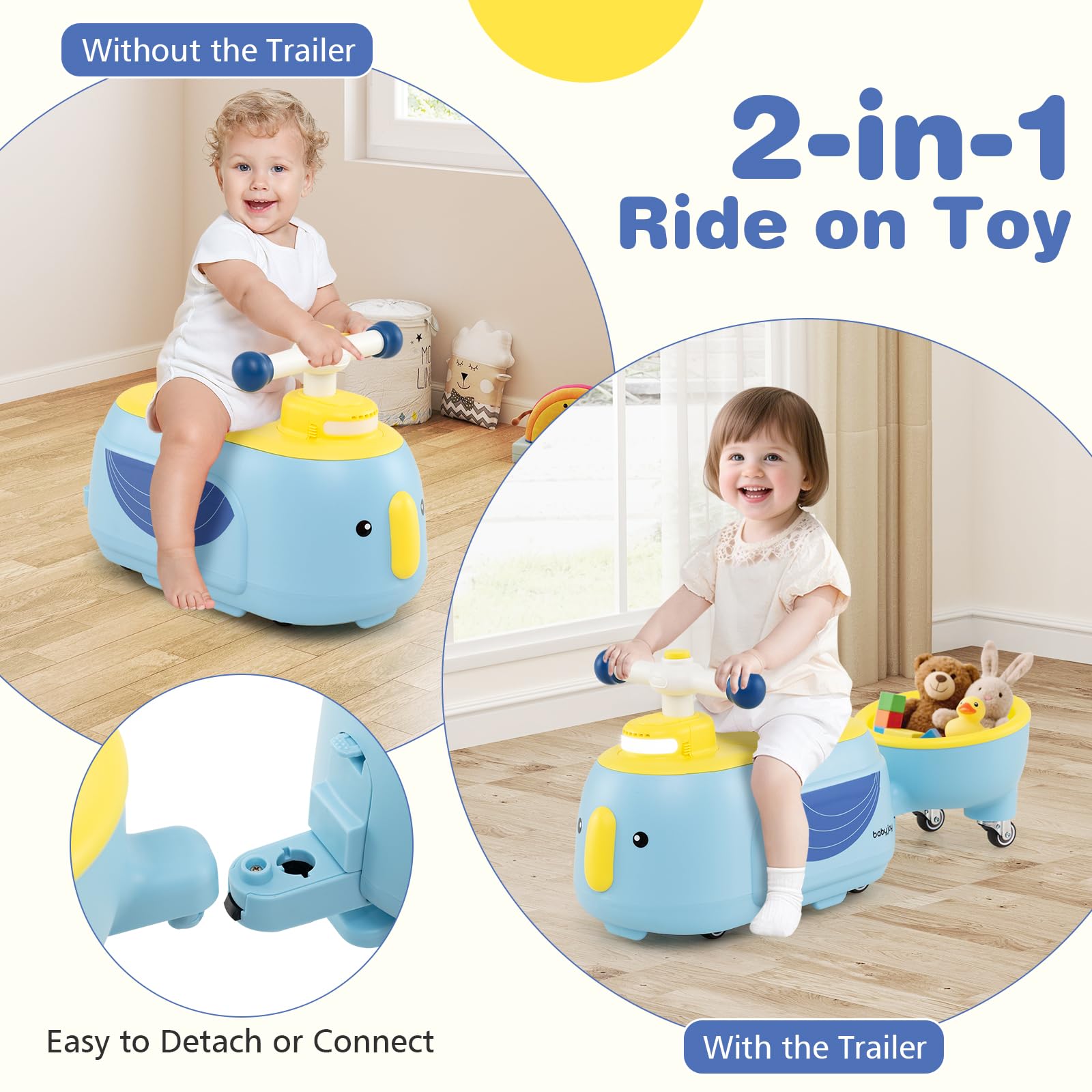 Toddler Ride on Toy with Trailer Foot-to-Floor Sliding Car with Light Music