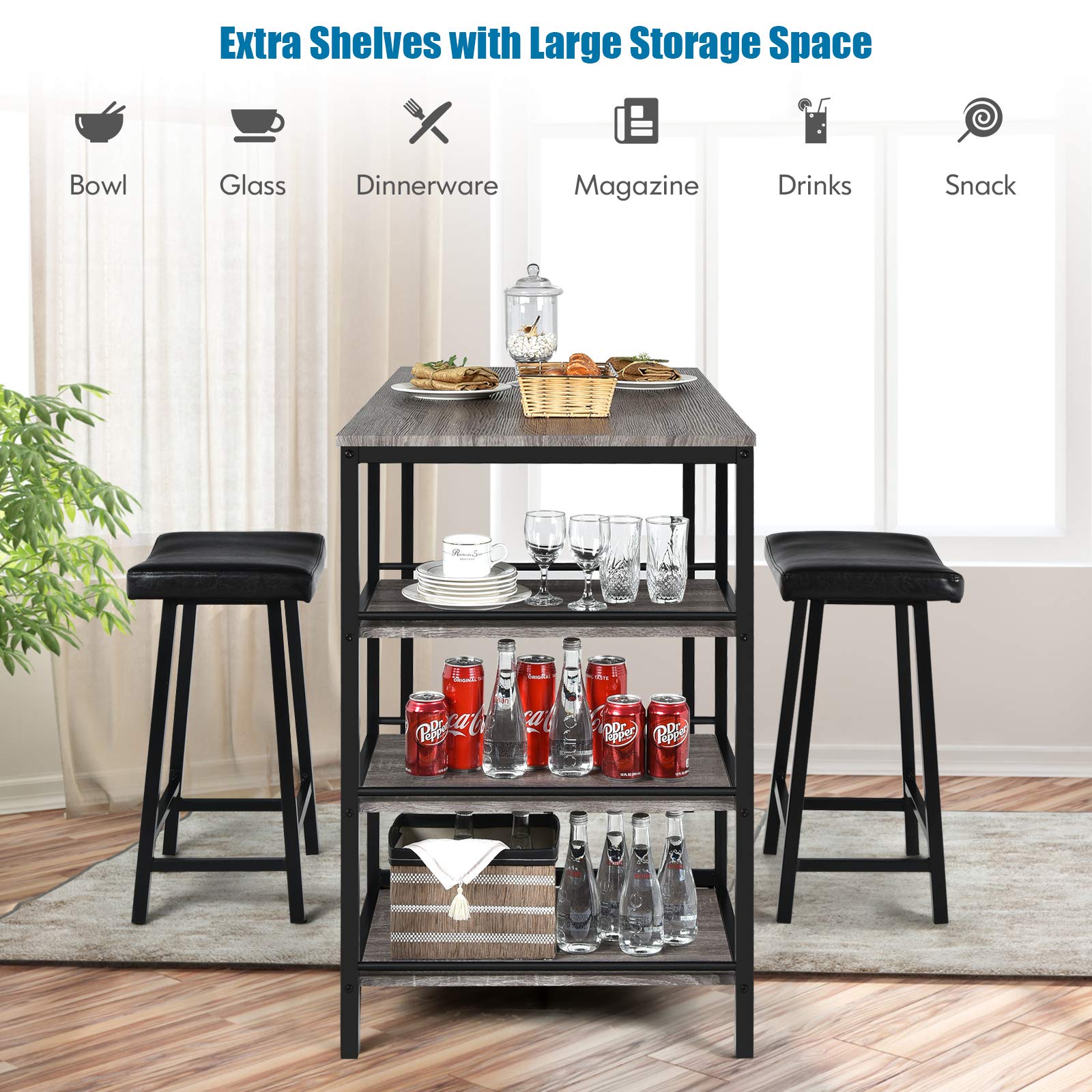 Giantex 3-Piece Dining Table Set, Counter Height Table Set w/2 Bar Stools, Modern Industrial Bar Table Set