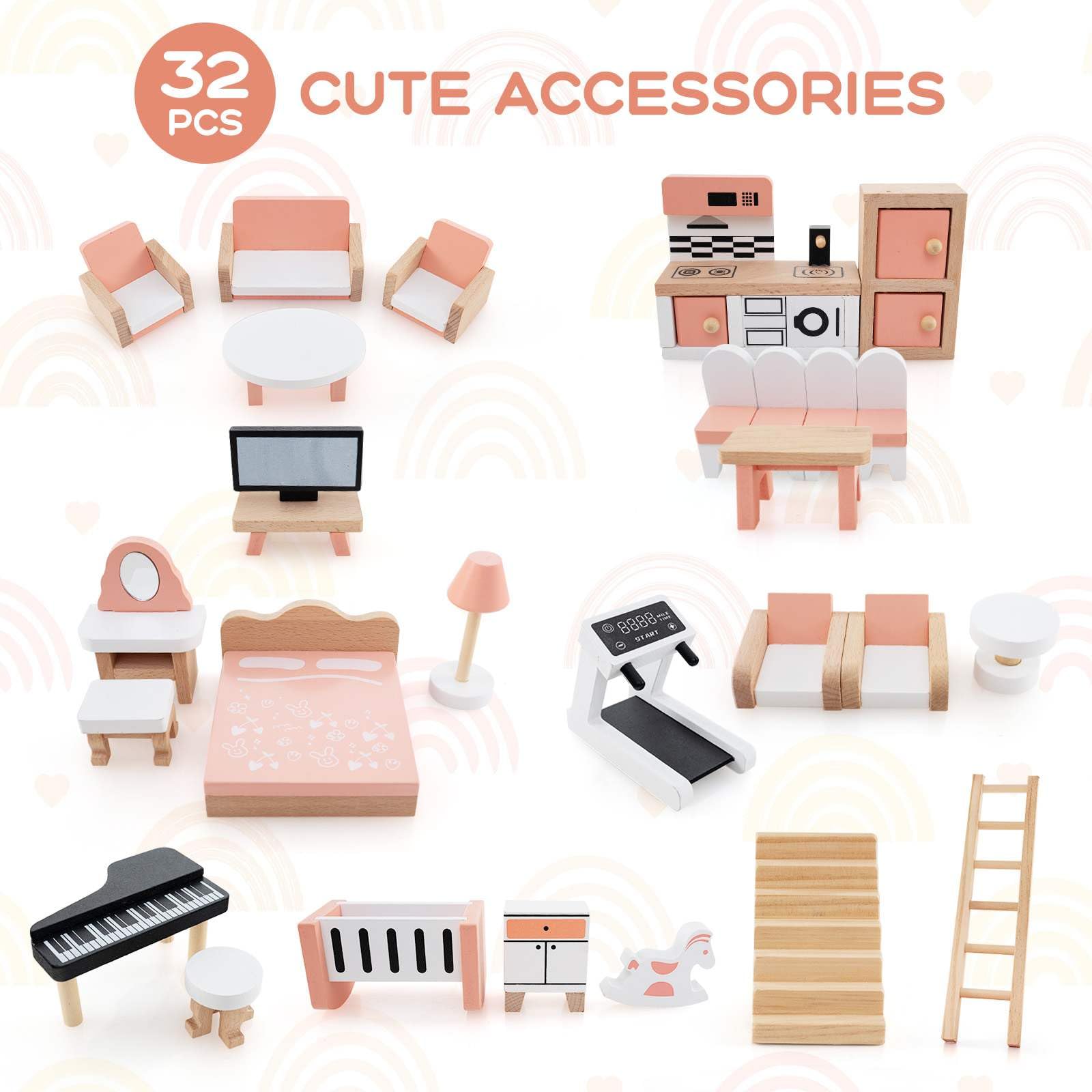 7-Room 3-Tier Doll House w/32PCS Realistic Furniture Accessories