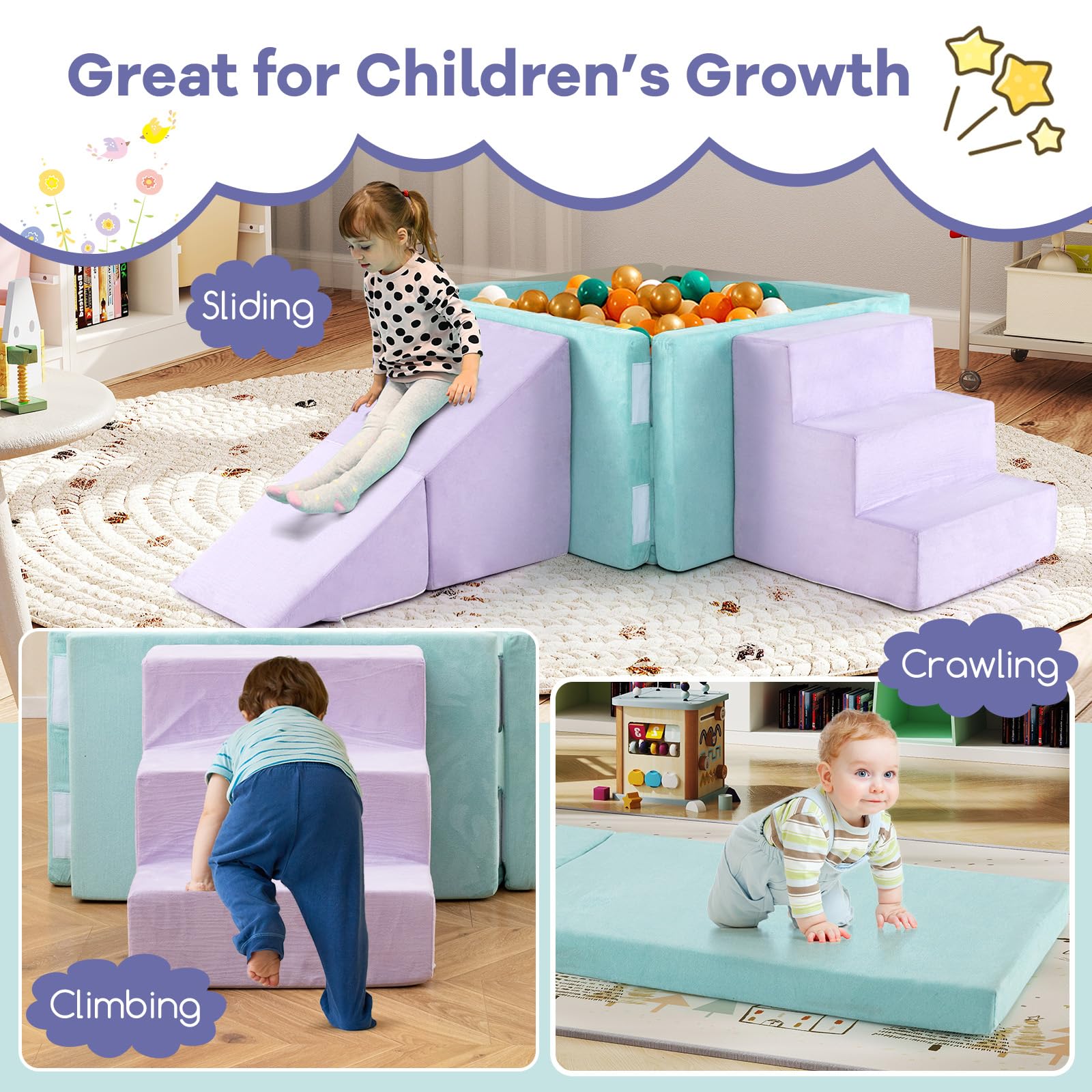 3-in-1 Foam Climbing Blocks Suede Fabric Soft Play Set