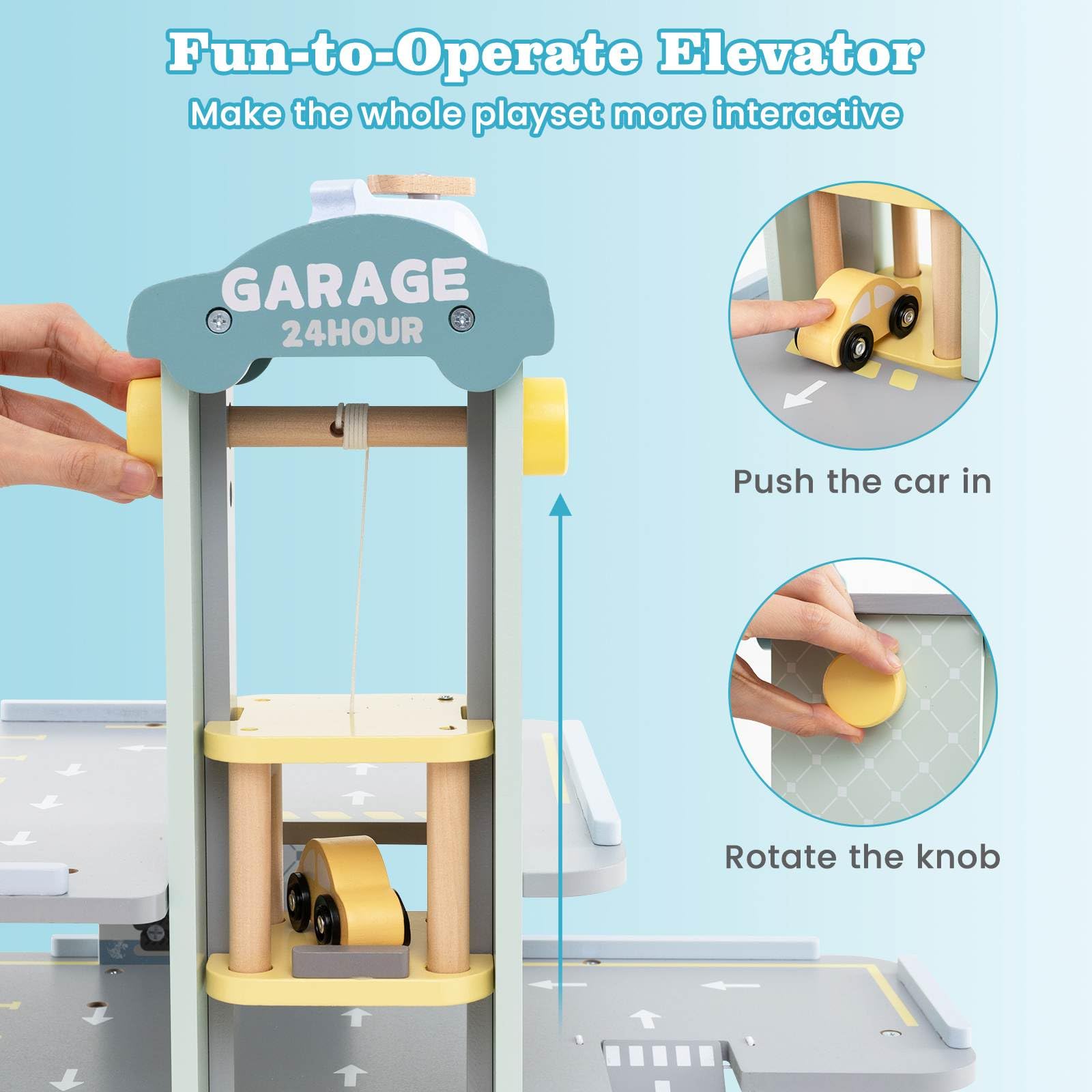 3-Tier Wooden Garage Playset, Pretend Play Parking Lot w/Working Elevator, Helipad, Ramp, Car Wash Center, Charging & Gas Station