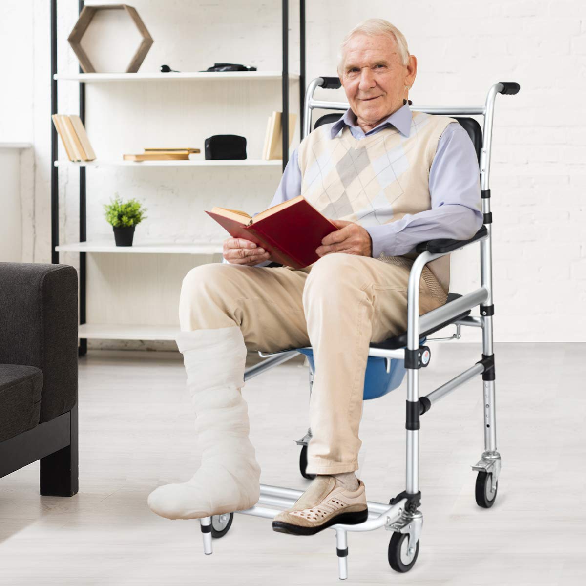 Toilet Commode Wheelchair, Multifunctional Rolling Commode Chair w/ 5-Level Adjustable Height & Removable Toilet