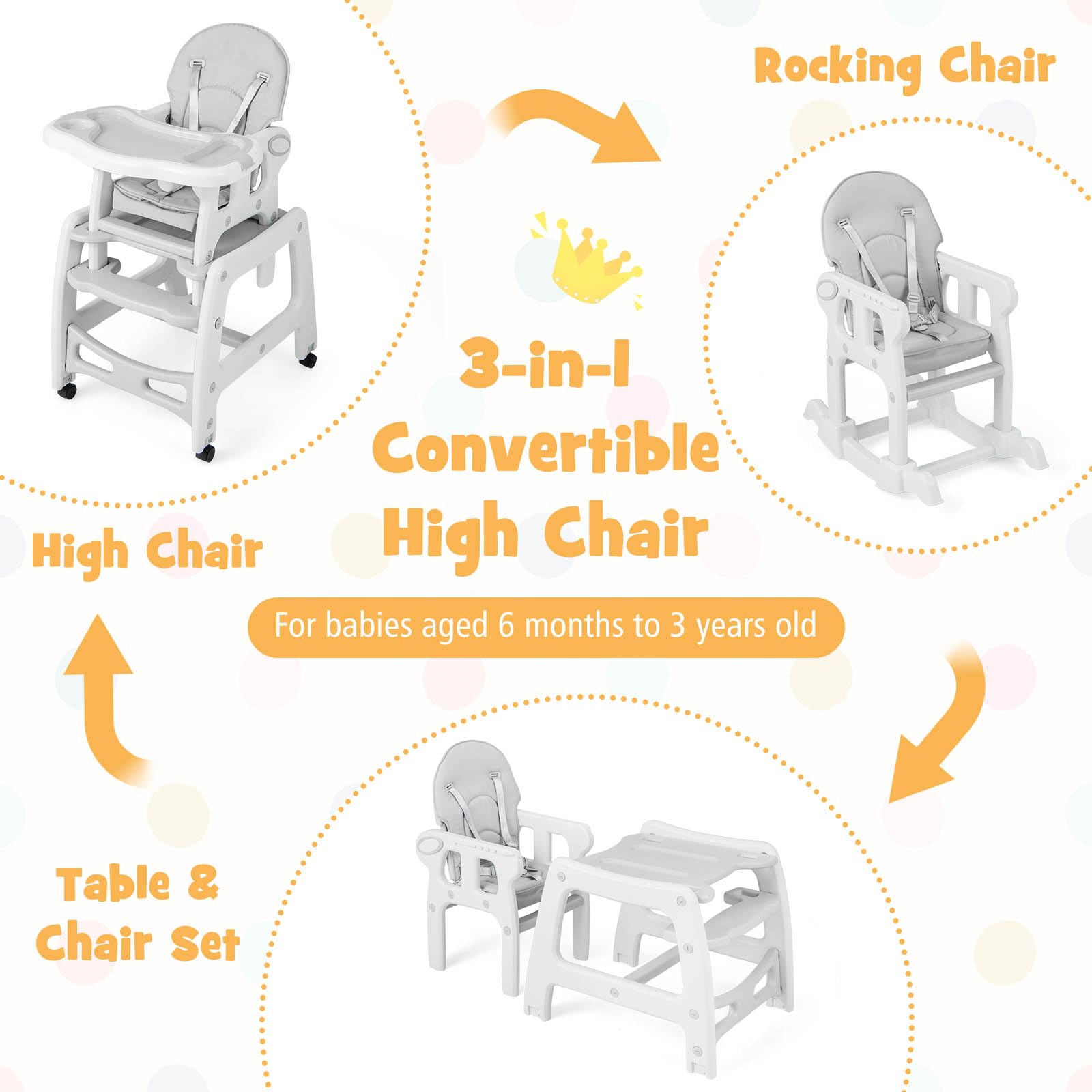 3-in-1 Highchair with Removable 4-Position Tray and Seat Cushion for 6-36 Months