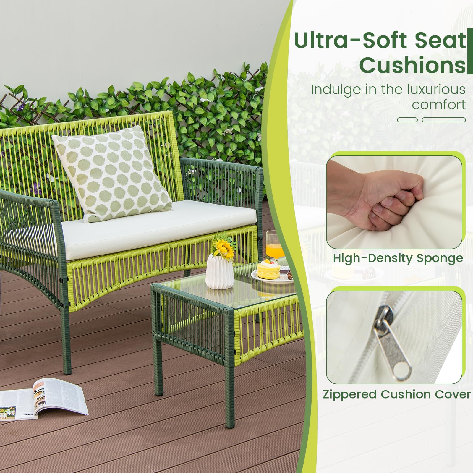 4 Piece Patio Round Wicker Conversation Set W/Soft Cushions