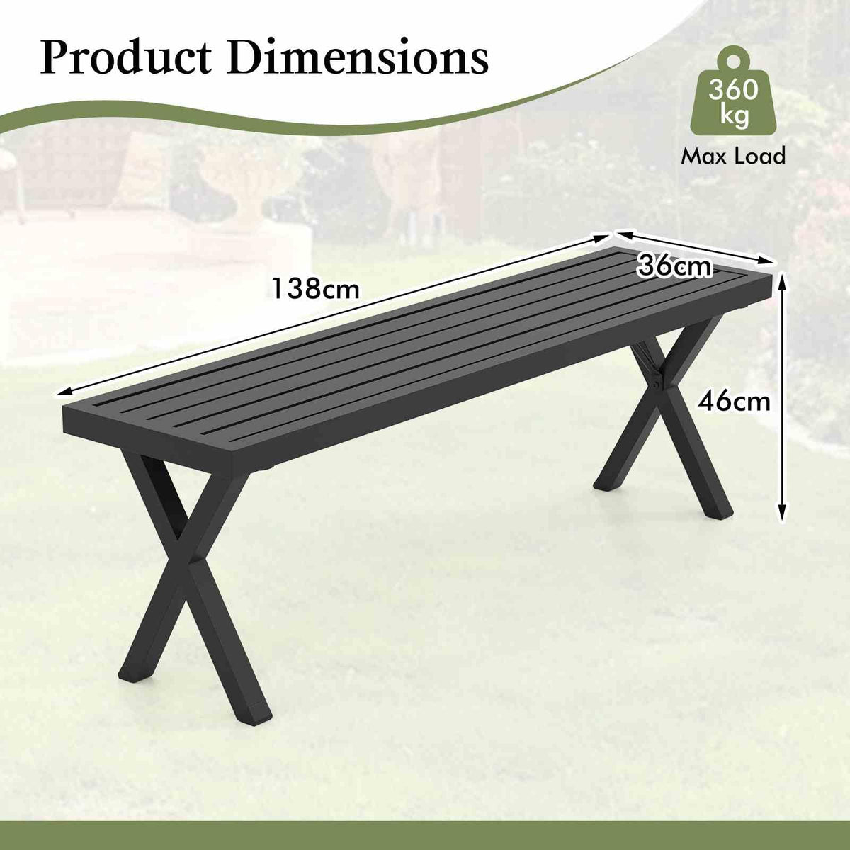 Patio Metal Bench, Heavy-Duty 2-Person Bench w/Slatted Seat & X Legs