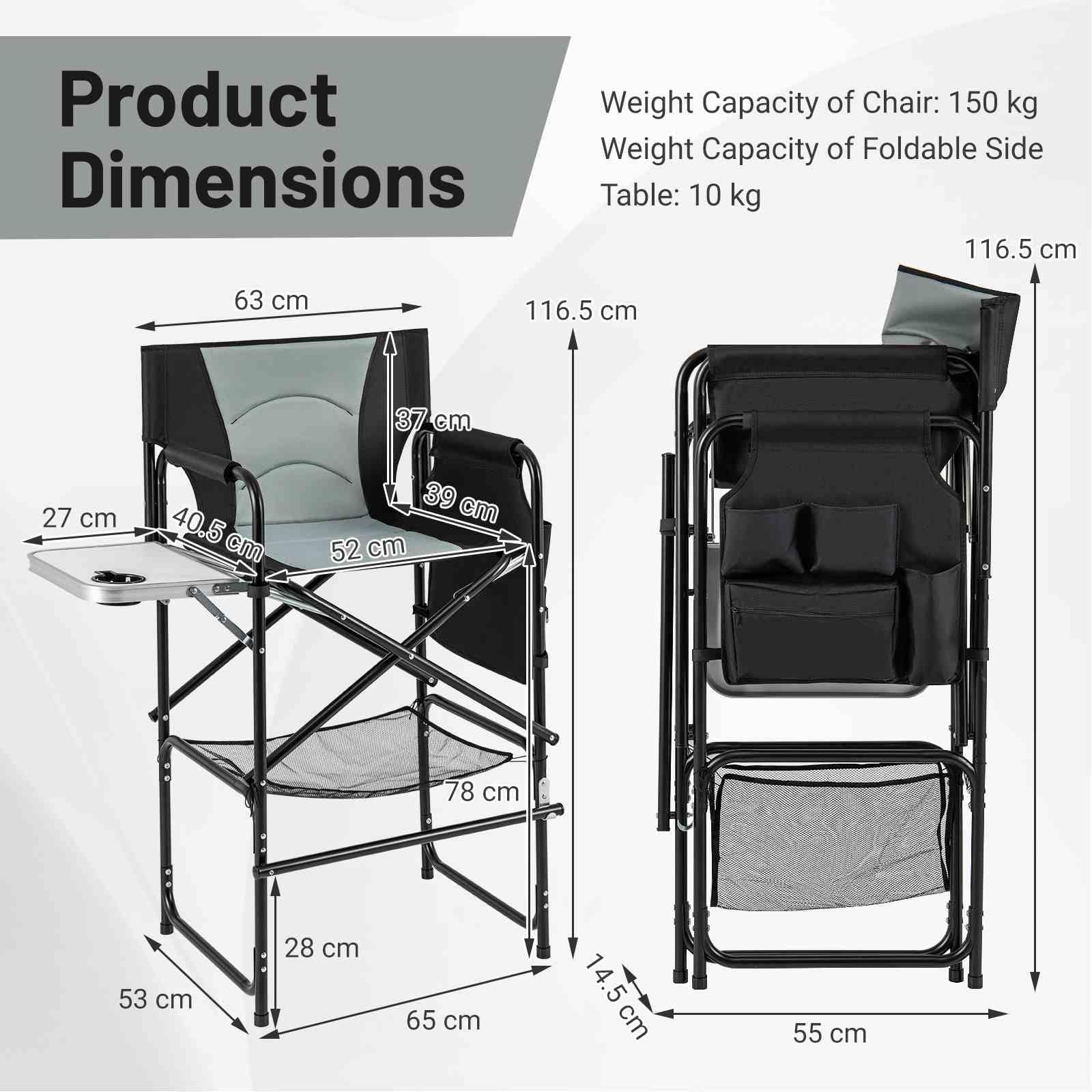 Giantex 116.5 cm Tall Directors Chair, Folding Makeup Artist Chair with Foldable Side Table & Footrest