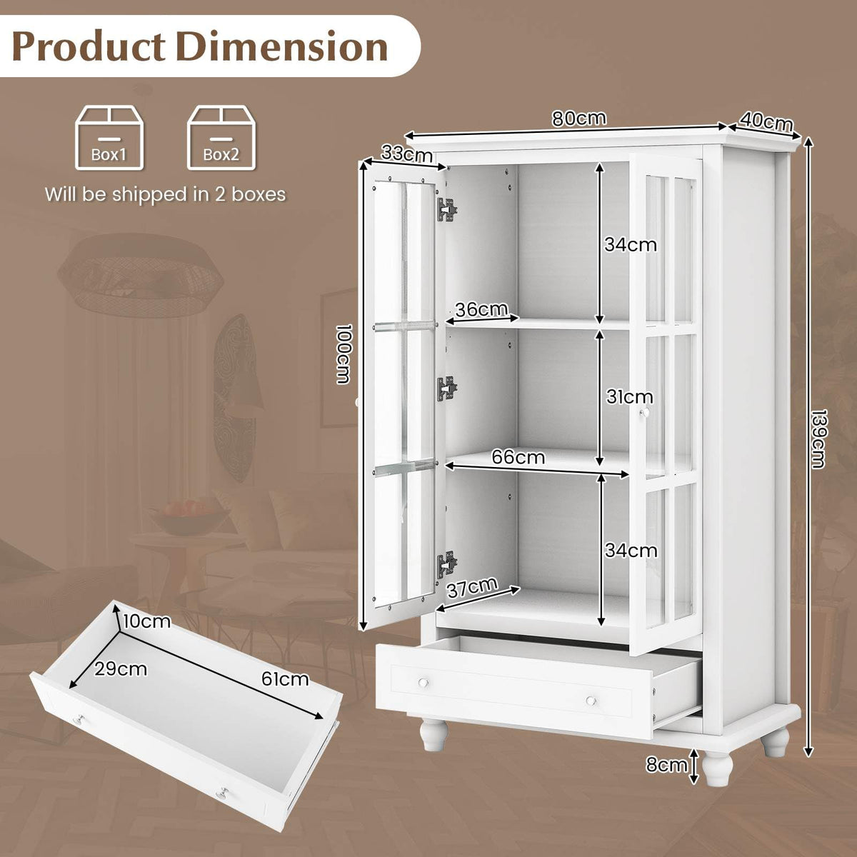 Bookcase Cabinet, 139 cm H Display Cabinet with Tempered Glass Doors, Adjustable Shelf