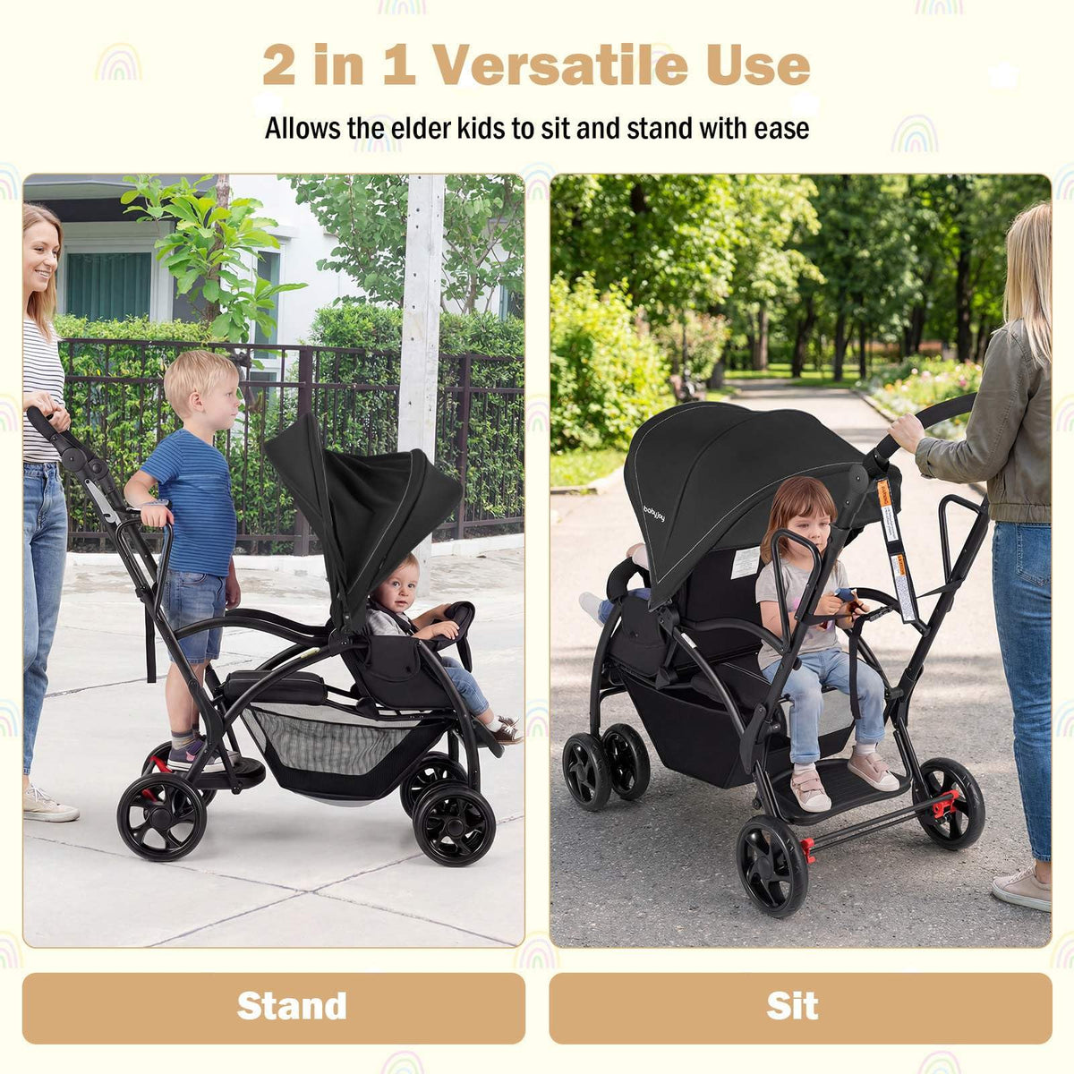 Foldable Double Stroller, Sit and Stand Stroller, with Wristband