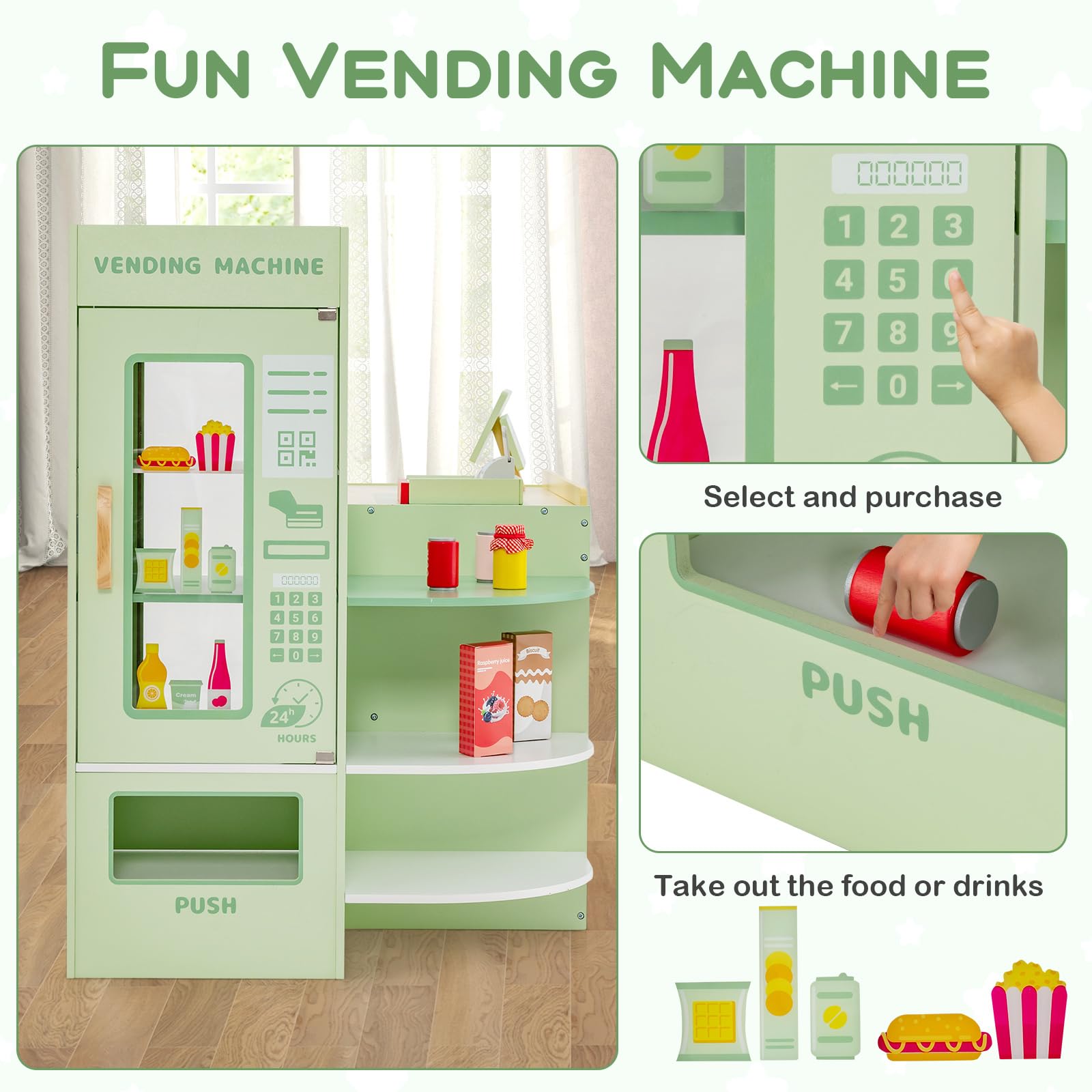 HONEY JOY Wooden Supermarket Play Toy Set, Kids Grocery Store Playset with Checkout Counter