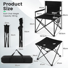 Folding Camping Chair Set of 3, Portable Lawn Chair & Side Table w/ 2 Cup Holders