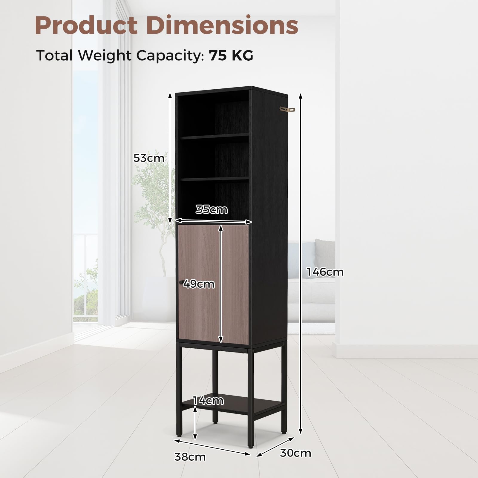 146 cm Tall Bathroom Cabinet Slim Cupboard Storage Organizer Adjustable Shelf