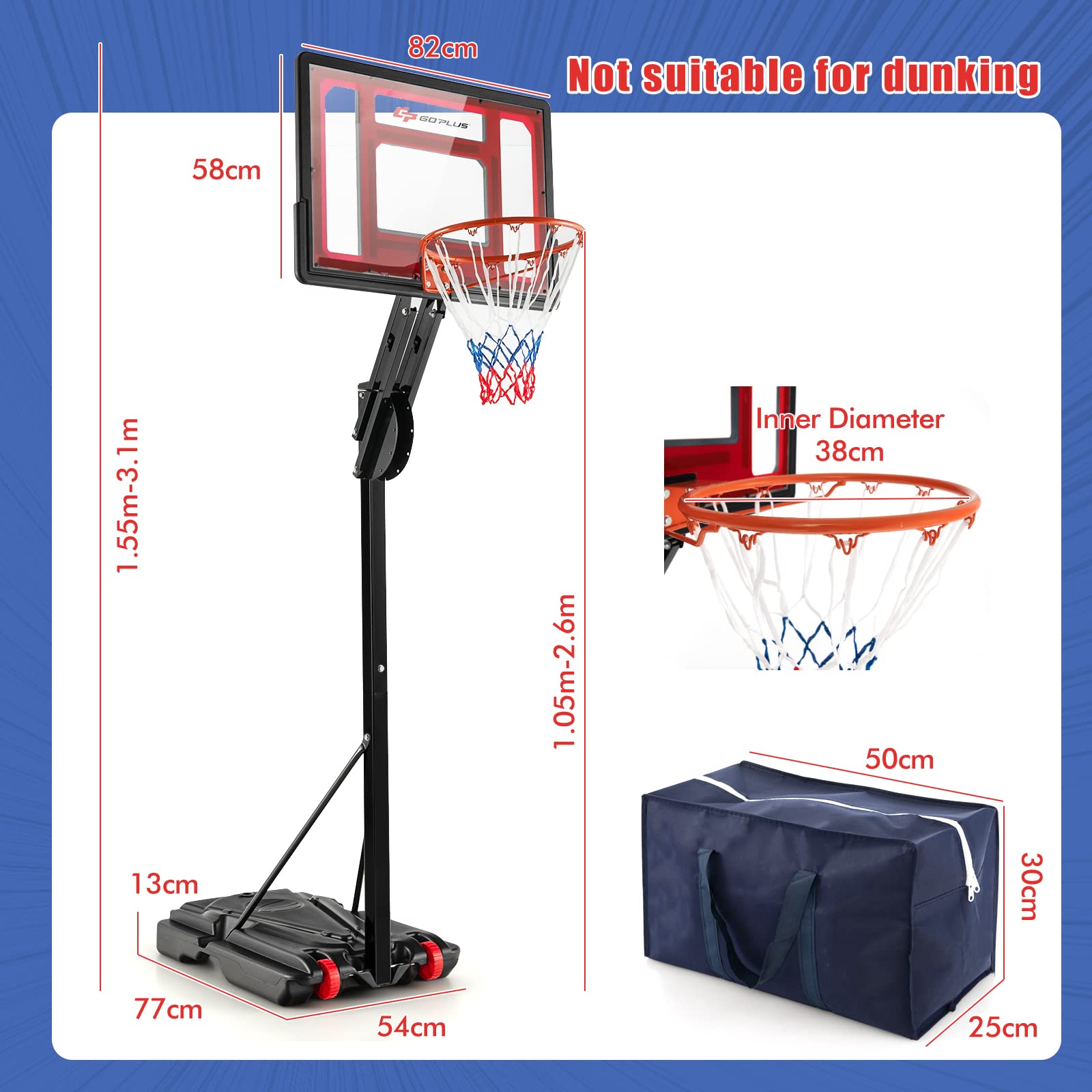 Portable Basketball Goal System 1.05-2.6m Ring Height