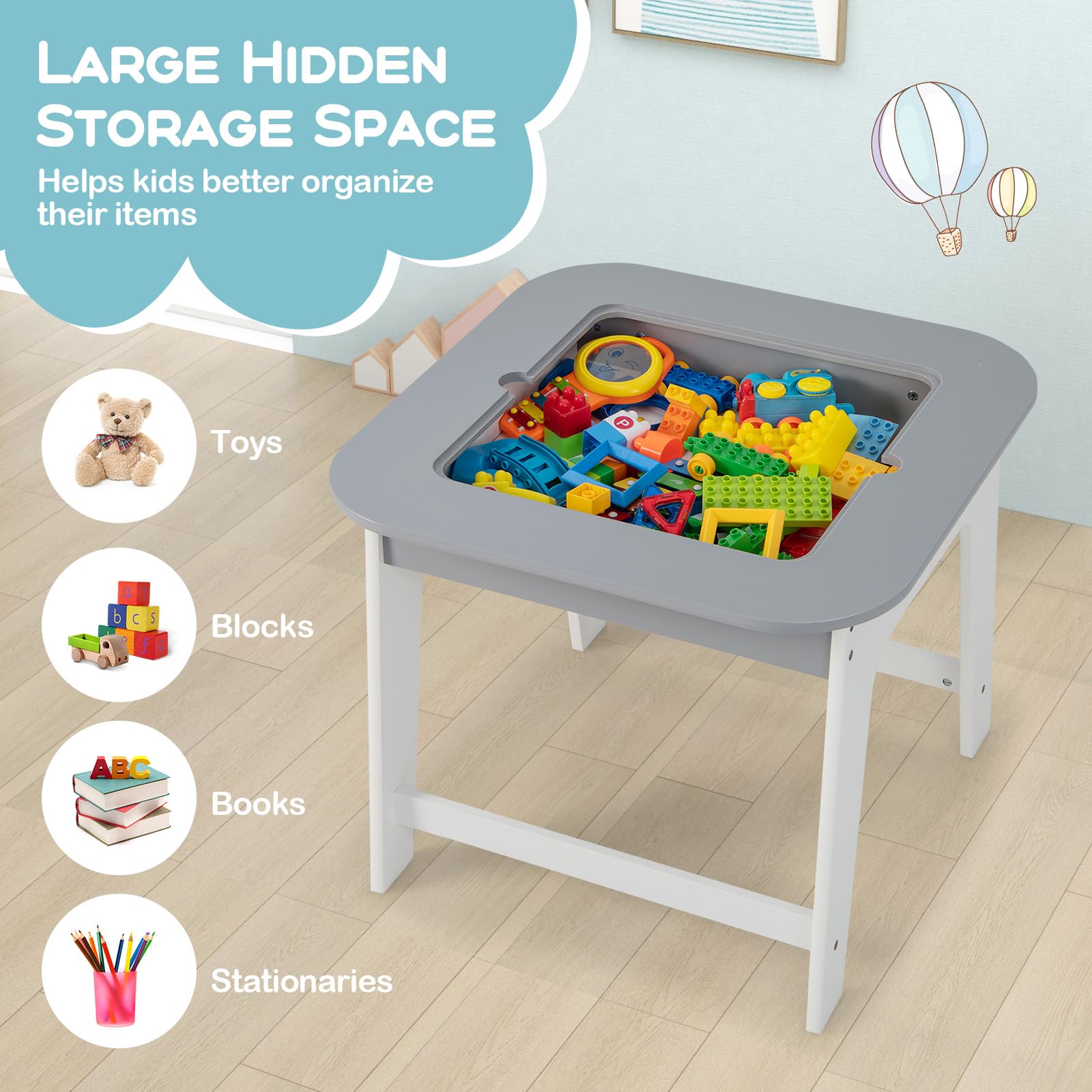 Kids Table & Chairs Set, Toddler Activity Table Set with Double-Sided Tabletop & Hidden Storage Space