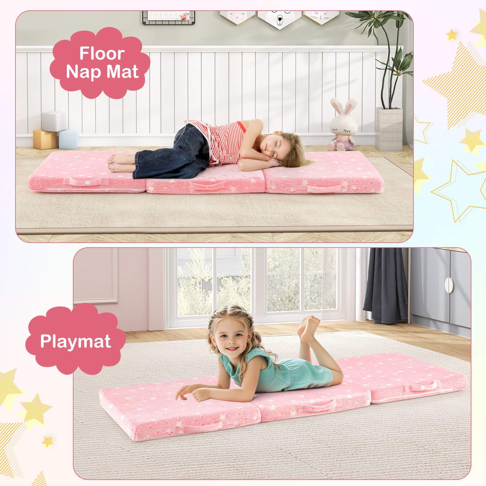 Foldable Floor Mattress for Kids, Glow in The Dark Toddler Floor Nap Mat w/Washable Flannel Cover
