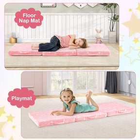 Foldable Floor Mattress for Kids, Glow in The Dark Toddler Floor Nap Mat w/Washable Flannel Cover