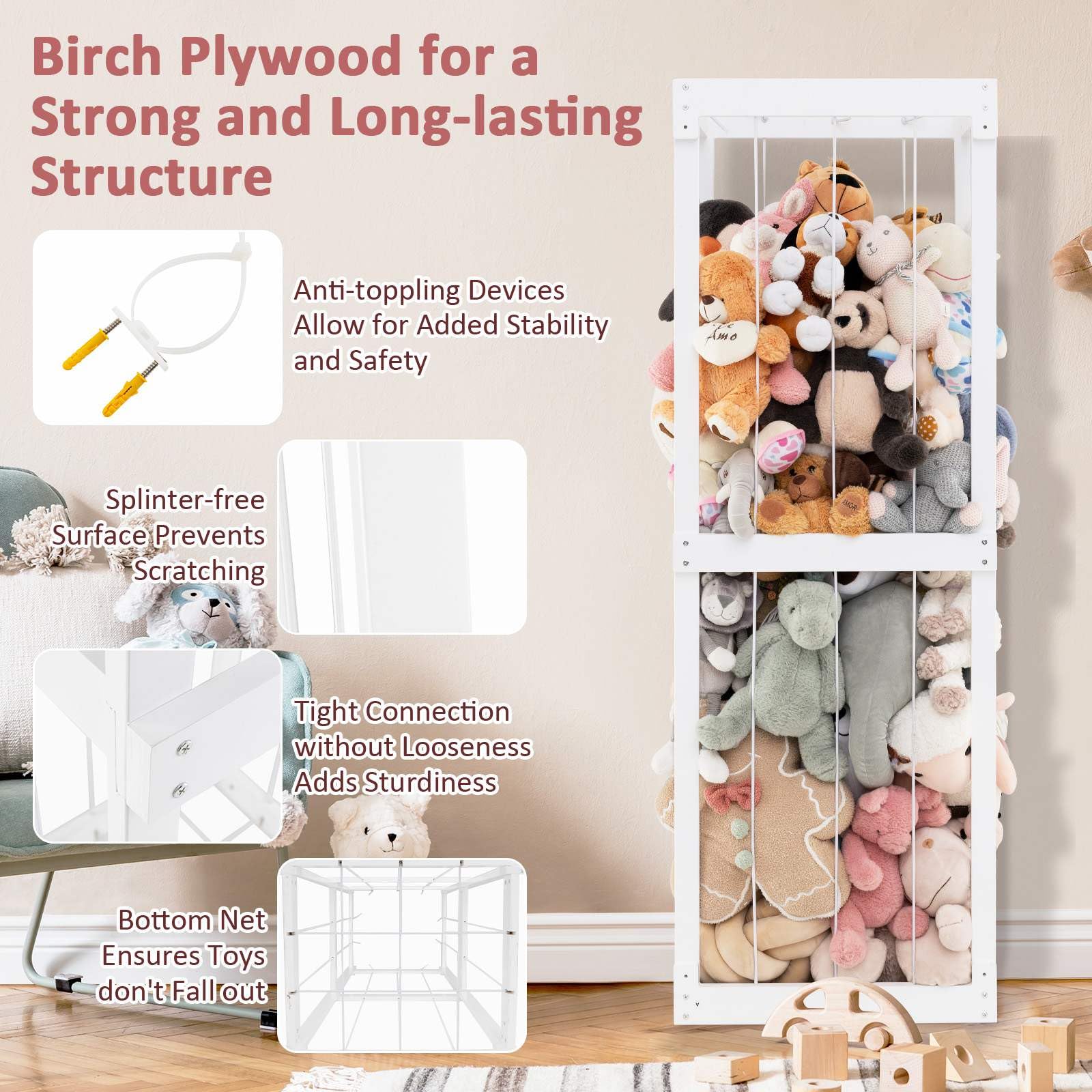 300L Large Stuffed Animal Storage, Space-saving Plush Toy Cage w/Open Top & Elastic Cords