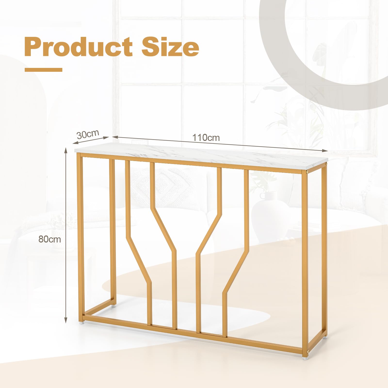 Giantex Gold Console Table, 110 cm Modern White Entryway Table with Faux Marble Tabletop