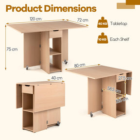 Folding Dining Table for 2-4, Space Saving Kitchen Table Drop Leaf with 2 Open Shelves & Drawer