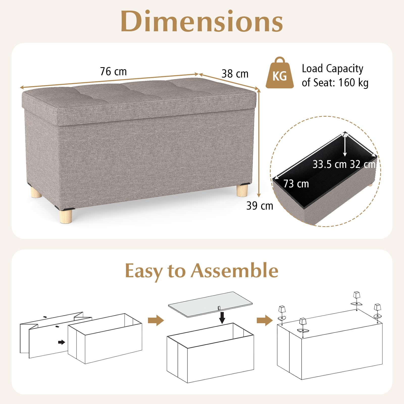 76cm Storage Ottoman Bench Linen Fabric End of Bed Bench