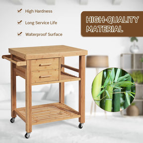 Bamboo Kitchen Island Cart Trolley, 3-Tier Rolling Kitchen Cart w/ 2 Drawers