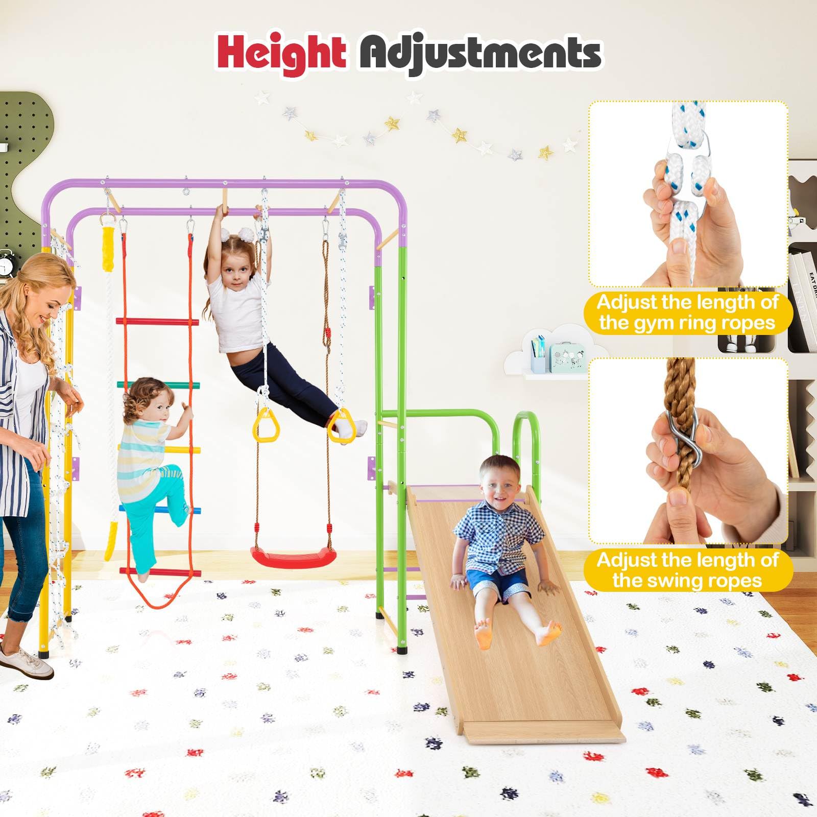 Metal Indoor Jungle Gym, 8-in-1 Climbing Playset w/Monkey Bars