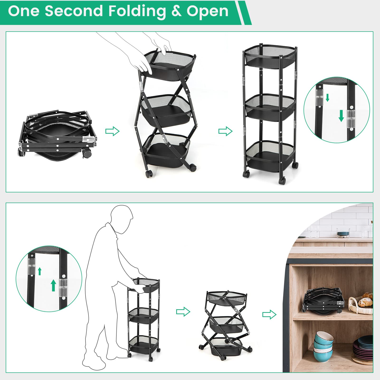 Giantex Foldable 3-Tier Utility Rolling Cart, One-Second Folding Metal Fruit Vegetable Storage Basket Stand with Wheels