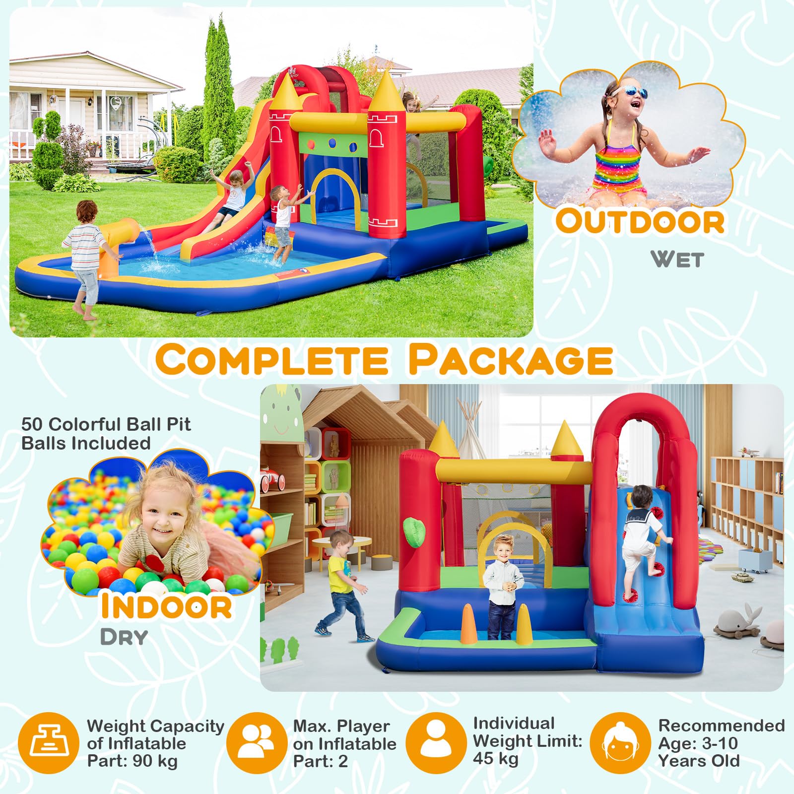 HONEY JOY Inflatable Water Slide, Outdoor Water Park Bouncy House with Ring-tossing with 680W Blower