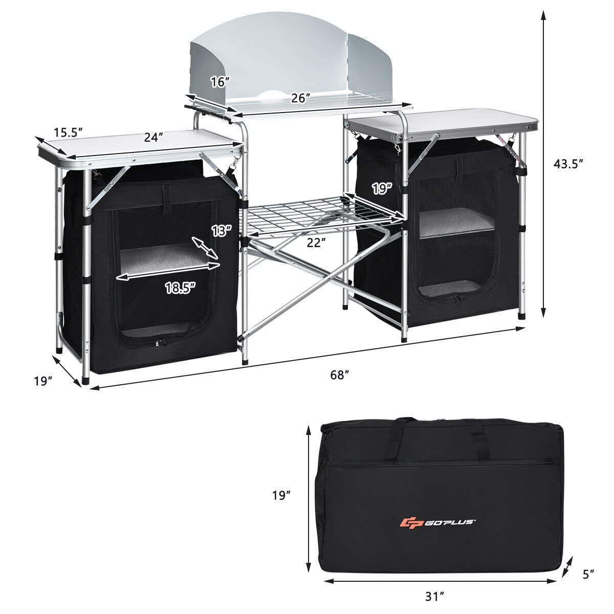 Portable Camping Kitchen Table, Aluminum Fold-Up Camping Kitchen with Windscreen