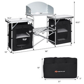 Portable Camping Kitchen Table, Aluminum Fold-Up Camping Kitchen with Windscreen