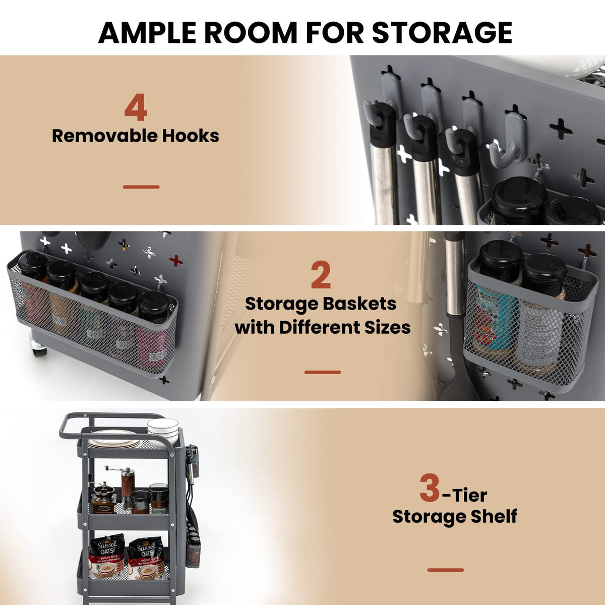 3-Tier Rolling Cart, Storage Trolley Organizer w/DIY Dual Pegboards, 2 Baskets, 4 Removable Hooks